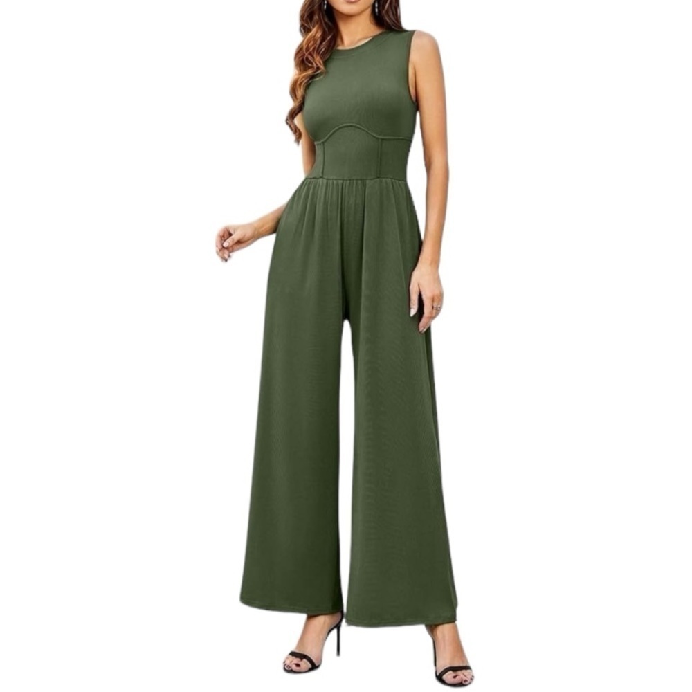CIDER Sleeveless Wide Leg Jumpsuit Army Green Sz 0XL Viral Blogger Favorite - Picture 3 of 13